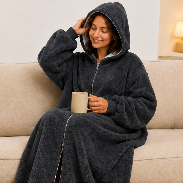 Zipdee™ Full-Length Sherpa Zip Hoodie Blanket – Light Beige