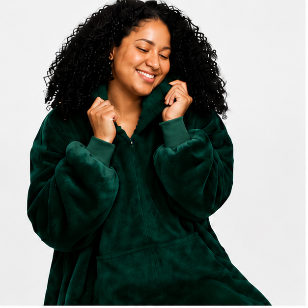 Zipdee™ Full-Length Sherpa Zip Hoodie Blanket – Forest Green