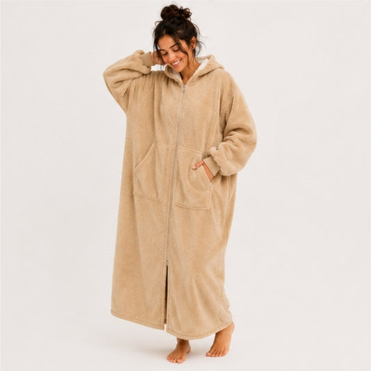 Zipdee™ Full-Length Sherpa Zip Hoodie Blanket – Light Beige